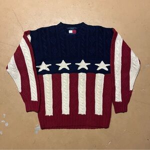 90s Very Rare Tommy Hilfiger American Flag Cable Knit Wool Sweater Large